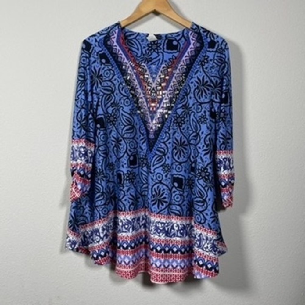 Cocomo Tunic Blouse Women L Blue Paisley Studded V-Neck 3/4 Sleeve Artsy Boho